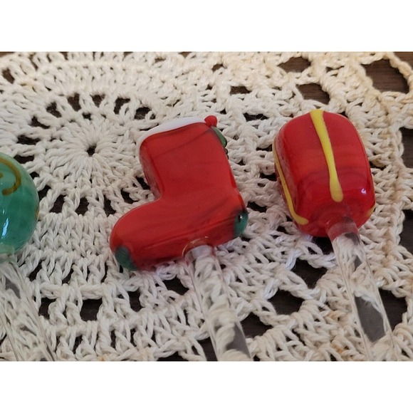 Christmas Swizzle Sticks Hand Blown Glass Stir Tree Ornament Stocking Package - Picture 3 of 5